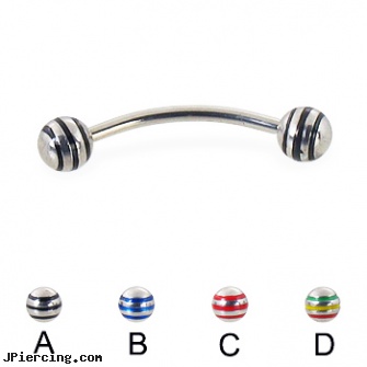 Curved barbell with epoxy striped balls, 16 ga, curved tapers stretching, curved labret rings, 14g curved spike eyebrow ring, tongue barbells, straight barbell clear retainer