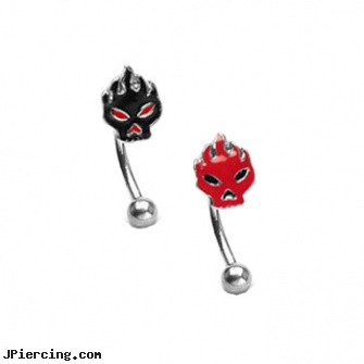 Curved barbell with flame skull top, 16 ga, 14 gauge curved barbell, curved slave barbell, curved earrings screw balls, buy tongue barbell, gem nipple barbell