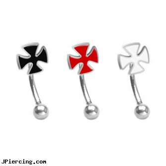 Curved barbell with iron cross top, 16 ga, curved penis, curved tapers stretching, 14 gauge curved barbell, colored heavy gauge tongue barbells, 16 ga circular barbell body jewelery