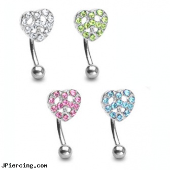 Curved barbell with jewel paved peace heart, 16 ga, curved barbell, curved tapers stretching, curved barbell jewelry, 29mm titanium barbell, nipple barbells