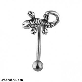 Curved barbell with lizard top, 16 ga, curved penis, curved spike labret jewlery, 14g curved spike eyebrow ring, gemstone belly button barbells, irish flag tongue barbell