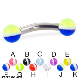 Curved barbell with striped balls, 10 ga, 14g curved spike eyebrow ring, labret curved spike, body jewelry curved nose bones, eyebrow barbells, industrial piercing barbells