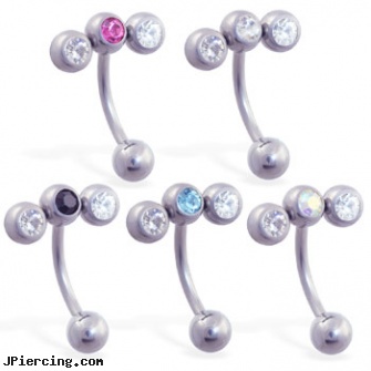 Curved barbell with triple CZ top, 16 ga, curved spike labret jewlery, curved slave barbell, 14 gauge curved barbell, star tongue barbells, belly barbells
