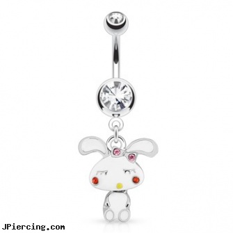 Cute Bunny with Mini-Dangle Body And Gemmed Cheeks Surgical Steel Navel Ring, cute piercings, cute tongue studs, cutest tongue rings, playboy bunny tattoos, playboy bunny