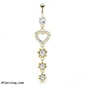 CZ Paved Heart with String Of Circular CZ Dangle Gold Tone Navel Ring, sacred heart tatoo and body piercings, tongue piercing and hole in the heart, steel my heart jewlry, micro mini g-string cock ring, body jewelry guage circular