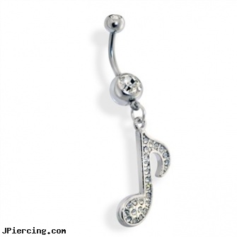 Dangle Music Note Belly Ring, clear, shamrock dangle navel body jewelry, dangle belly button rings, belly button rings dangle, unique belly rings, birthday belly button rings