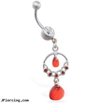 Dangling chandelier belly ring with red stones, dangling navel ring, dangling body jewelry, dangling belly button rings, pretty belly button rings, amythest belly button ring