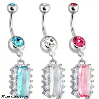 Dangling Emerald-cut Square Belly Ring, dangling belly rings, dangling heart belly button ring, dangling body jewelry, square gemstone belly jewelry, square gemstone belly button ring