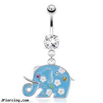 Decorative Elephant with Sky Blue Enamel Plating Dangle Surgical Steel Navel Ring, elephant belly button rings, elephant body jewellery, body jewelry blue heart, black and blue titainum tongue rings, belly button rings dangle