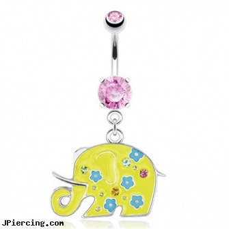 Decorative Elephant with Yellow Enamel Plating Dangle Surgical Steel Navel Ring, elephant belly button rings, elephant body jewellery, yellow gold diamond nose ring, reverse dangle navel rings, shamrock dangle navel body jewelry