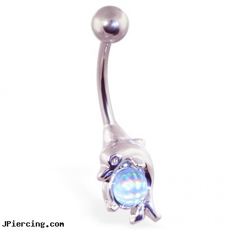 Dolphin belly ring with cabochon gem, dolphin belly button charm ring, dolphin navel ring, dolphin nipple rings, magnetic belly rings, pink heart belly ring
