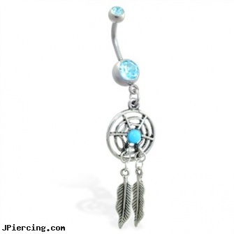 Double jeweled aqua belly ring with dangling dream catcher and feathers, double naval piercings, double industrial ear piercings, double tongue piercing pictures, jeweled belly rings, jeweled navel slave rings