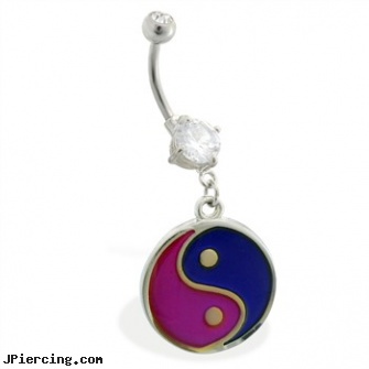 Double jeweled belly ring with dangling color changing ying-yang, double gem belly button rings, double belly ring, double navel piercing, gold jeweled labret ring, jeweled labrets