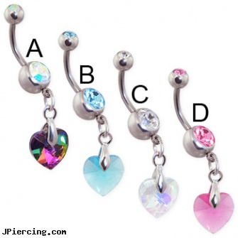 Double jeweled navel ring with dangling colorful crystal prism heart, double navel piercing, double steel cock rings, double slave tongue ring, gold jeweled labret ring, jeweled labrets
