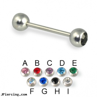 Double jeweled straight barbell, 16 ga, double steel cock rings, double belly ring, double braided nipple ring, jeweled navel slave rings, jeweled labrets
