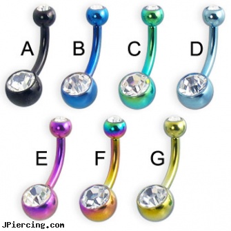 Double jeweled titanium anodized belly button ring, 12 ga, double gem belly button rings, double belly ring, double tongue piercing pictures, jeweled navel slave rings, jeweled labrets