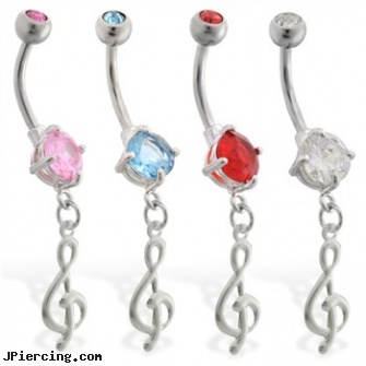 Double jewelry belly ring with dangling treble clef, ear piercing double multiple, double vertical nipple piercing, double naval piercings, cool body jewelry, erotic tongue jewelry