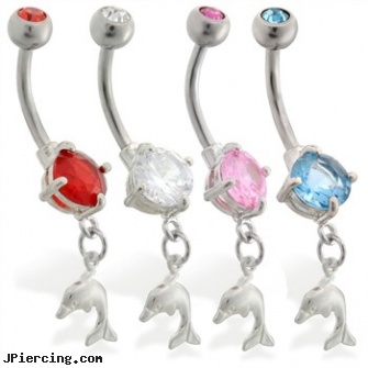Double jewelry belly ring with small dangling dolphin, double gem belly button rings, double nipple piercings, double naval piercings, titanium body percing jewelry, solid gold navel jewelry