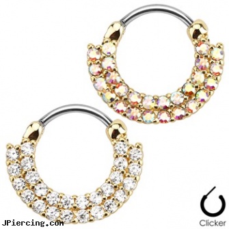 Double Line Round Paved Gems Gold Toned Surgical Steel Septum Clicker, double lobe peircing, double nipple piercings, double cock ring, black line, learn how to do body piercings online