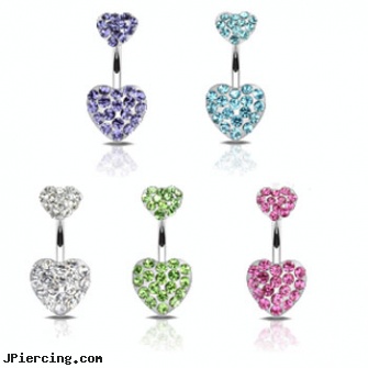 Double paved gem heart belly ring, double lobe peircing, double steel cock rings, double navel peircing picture, pink heart belly ring, heart pics