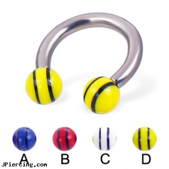 Double striped ball titanium horseshoe barbell, 10 ga, double navel peircing picture, double gem belly button rings, double naval piercings, titanium tongue rings candy striped, tongue ring balls