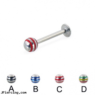 Epoxy striped ball labret, 16 ga, titanium tongue rings candy striped, curved earrings screw balls, small balled labret, tongue ring balls, jewled 16 gauge labrets