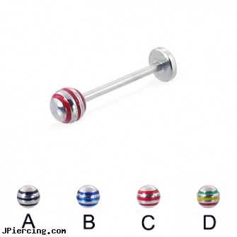 Epoxy striped ball labret, 18 ga, titanium tongue rings candy striped, navel rings football, rhinestone dimple ball charm belly ring, cbt play piercing balls gallery, small labret