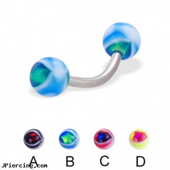 Eye ball curved barbell, 14 ga, flashing labret ball, ball and cock ring, captive ring balls, curved earrings screw balls, curved barbell