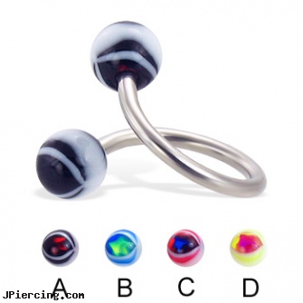 Eye ball spiral barbell, 14 ga, silicone cock ring with balls, curved earrings screw balls, labret replacement balls, ear spiral piercing, spiral body jewelry
