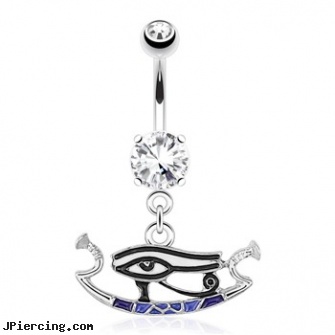 Eye Of Horus with Enamel Plating Dangle Surgical Steel Navel Ring, dangle belly button rings, shamrock dangle navel body jewelry, reverse dangle navel rings, surgical steel navel rings, surgical steel nose stud