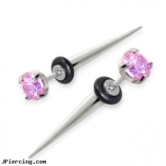 Fake Tapers with pink gem, fake piercing, fake peircing, body peircings pictures fake, 10 gauge acrylic tapers, curved tapers stretching