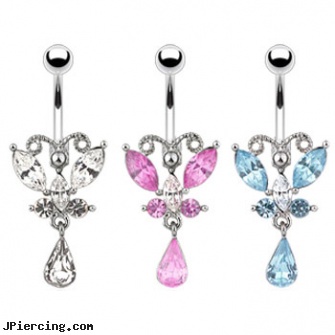 Fancy butterfly belly ring with jeweled teardrop dangle, fancy navel jewelry, 14 butterfly belly rings photos, uv butterfly gem navel belly ring, iron butterfly body piercings shop, fruity belly button rings