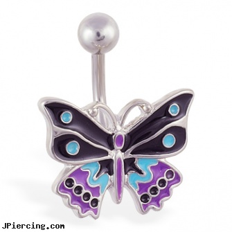 Fancy colorful butterfly belly ring, fancy navel jewelry, butterfly rings, uv butterfly navel ring, uv butterfly gem navel belly ring, dangers of belly button piercing