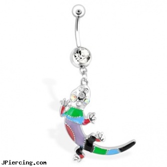 Fancy Multi Colored Lizard Belly Ring with Clear & AB Gems, fancy navel jewelry, multiple ear piercing, ear piercing double multiple, multiple body piercings, colored heavy gauge tongue barbells