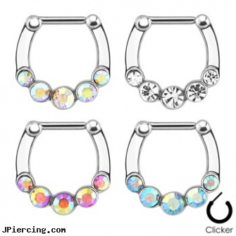 Five Gems 316L Surgical Steel Bar Septum Clicker, gemstone belly button barbells, gems, square gemstone belly button ring, 316l jewelry cards, surgical placement of rings in cock and scrotum