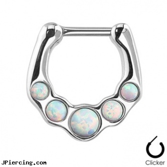 Five Opalite Gems Surgical Steel Septum Clicker Ring, square gemstone belly jewelry, square gemstone belly button ring, gemstone belly button barbells, surgical stainless steel navel jewelry, surgical placement of rings in cock and scrotum