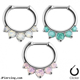 Five Pronged Opalites 316L Surgical Steel Septum Clicker Ring, 316l jewelry cards, surgical stainless steel body jewelry, surgical stainless steel navel jewelry, surgical steel flat disc nose stud, stainless steel belly rings