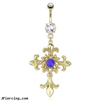 Fleur De Lis Cross with Centered Blue Gem Dangle Gold Tone Navel Ring, ear piercing cross dressers, iron cross labret, cross belly button rings, body jewelry blue heart, black and blue titainum tongue rings