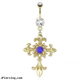 Fleur De Lis Cross with Centered Blue Gem Dangle Gold Tone Navel Ring, ear piercing cross dressers, iron cross labret, cross belly button rings, body jewelry blue heart, black and blue titainum tongue rings