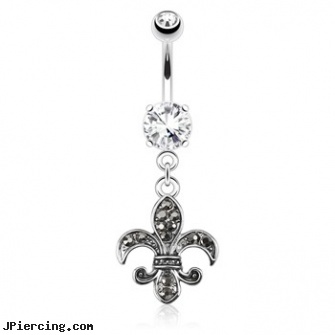 Fleur De Lis Paved with CZ Dangle Surgical Steel Navel Ring, dangle belly button rings, shamrock dangle navel body jewelry, belly button rings dangle, surgical steel nose rings, surgical steel flat disc nose stud