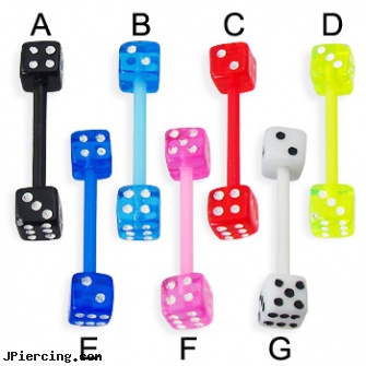 Flexible acrylic dice tongue ring, 14 ga, flexible tongue rings, flexible body jewelry, flexible tongue rings barbells, acrylic tongue rings barbells, acrylic eyebrow rings