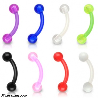Flexible bioplast curved barbell with acrylic balls, 16 ga, flexible belly rings, flexible tongue rings barbells, flexible body jewelry, 14g curved spike eyebrow ring, curved labret rings