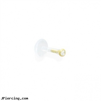 Flexible bioplast labret with 14K gold push-in ball with 2mm gem, 16ga, flexible tongue rings, flexible belly rings, flexible tongue rings barbells, labret needle, labret 16 gauge body jewelry