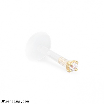 Flexible bioplast labret with 14K gold push-in prong-set gem, 16ga, flexible body jewelry, flexible tongue rings, flexible tongue rings barbells, diamond jewel labret, flower fishtail labret