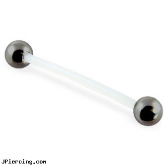 Flexible Bioplast Straight Barbell With Titanium Plated Balls, 14 Ga, flexible tongue rings barbells, flexible tongue rings, flexible body jewelry, straight onyx plugs, internally threaded straight barbells