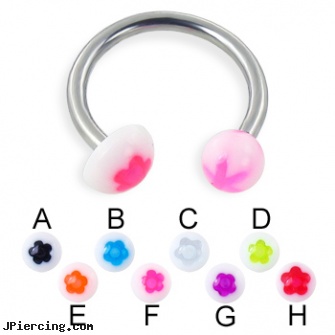 Flower ball and half ball circular barbell, 14 ga, flower pics, flower fishtail labret, flower nipple shields, belly ring balls, labret replacement balls