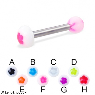 Flower ball and half ball straight barbell, 12 ga, flower nipple shields, flower pics, flower fishtail labret, balls piercing, cock ball ring