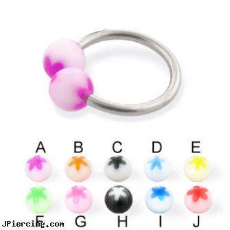 Flower ball circular barbell, 14 ga, flower pics, flower nipple shields, flower fishtail labret, belly button ring balls, cock and ball piercing