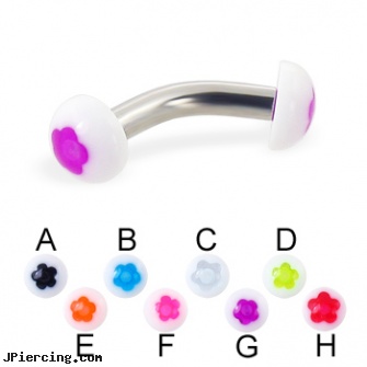Flower half ball curved barbell, 10 ga, flower shaped labret jewerly, flower pics, flower nipple shields, blinking koosh ball belly ring, body jewelry replacement balls