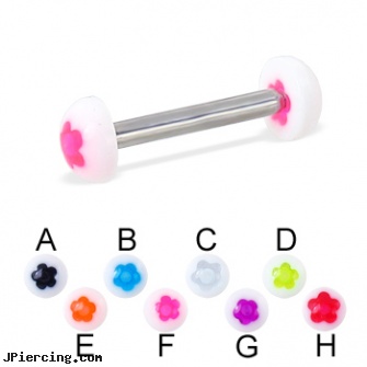 Flower half ball straight barbell, 12 ga, flower nipple shields, flower pics, flower fishtail labret, adult cock and ball rings, balls piercing